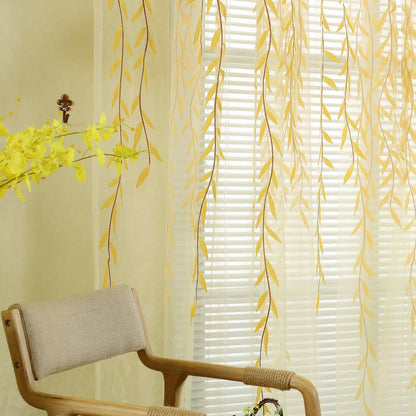 Ufurty 2-Piece Willow Leaf Window Curtains - Voile Tulle Sheer Room Drapes, Yellow, for Living Room, Bedroom, Balcony