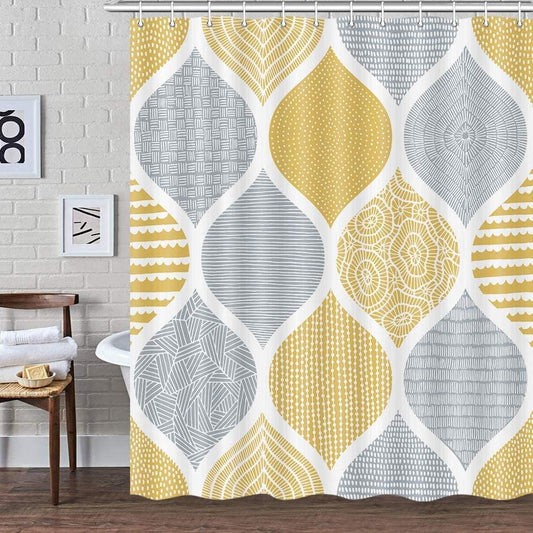 JAWO Bohemia Shower Curtain for Bathroom, Yellow and Grey Bohemian Chic Paisley Fabric Shower Curtains Set, Modern Geometric Pattern Restroom Decor Accessories with Hooks 72X84Inches