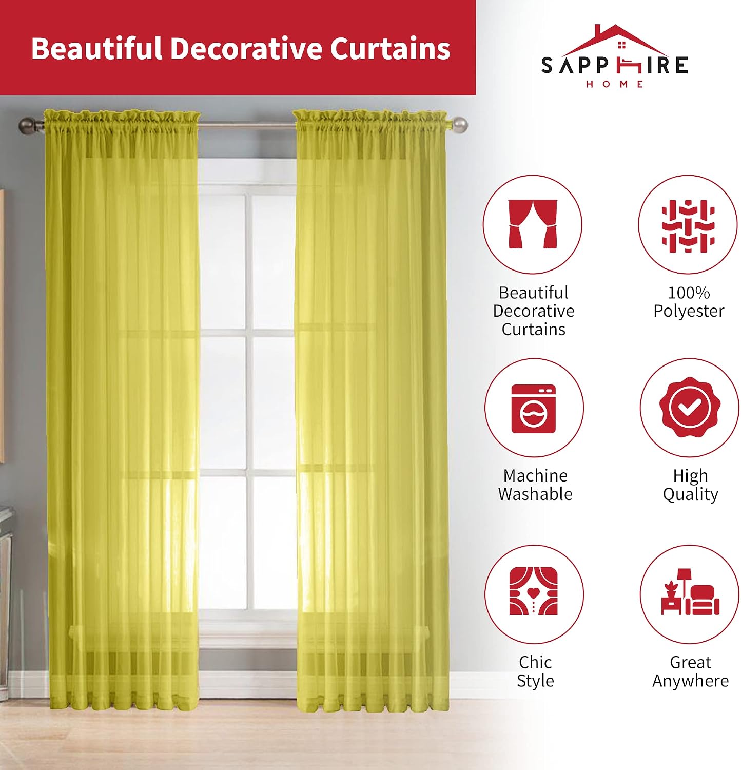 Sapphire Home Yellow Sheer Curtains - 84 Inches Length, 2 Panels Set Sheer Drapes, Light Filtering Textured Window Curtain for Living Room, Bedroom, Kitchen, and Dining Room - 54"x84", Yellow