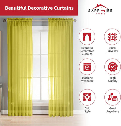 Sapphire Home Yellow Sheer Curtains - 84 Inches Length, 2 Panels Set Sheer Drapes, Light Filtering Textured Window Curtain for Living Room, Bedroom, Kitchen, and Dining Room - 54"x84", Yellow