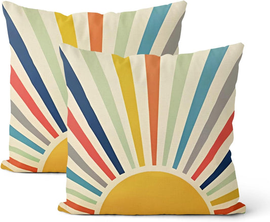 Summer Pillow Covers 18 x 18 Inch Set of 2 Rainbow Sun Throw Pillows Outdoor Decorative Boho Colorful Stripes Sunshine Yellow Sunrise Pillowcases Linen Cushion Cases for Bed Sofa Couch