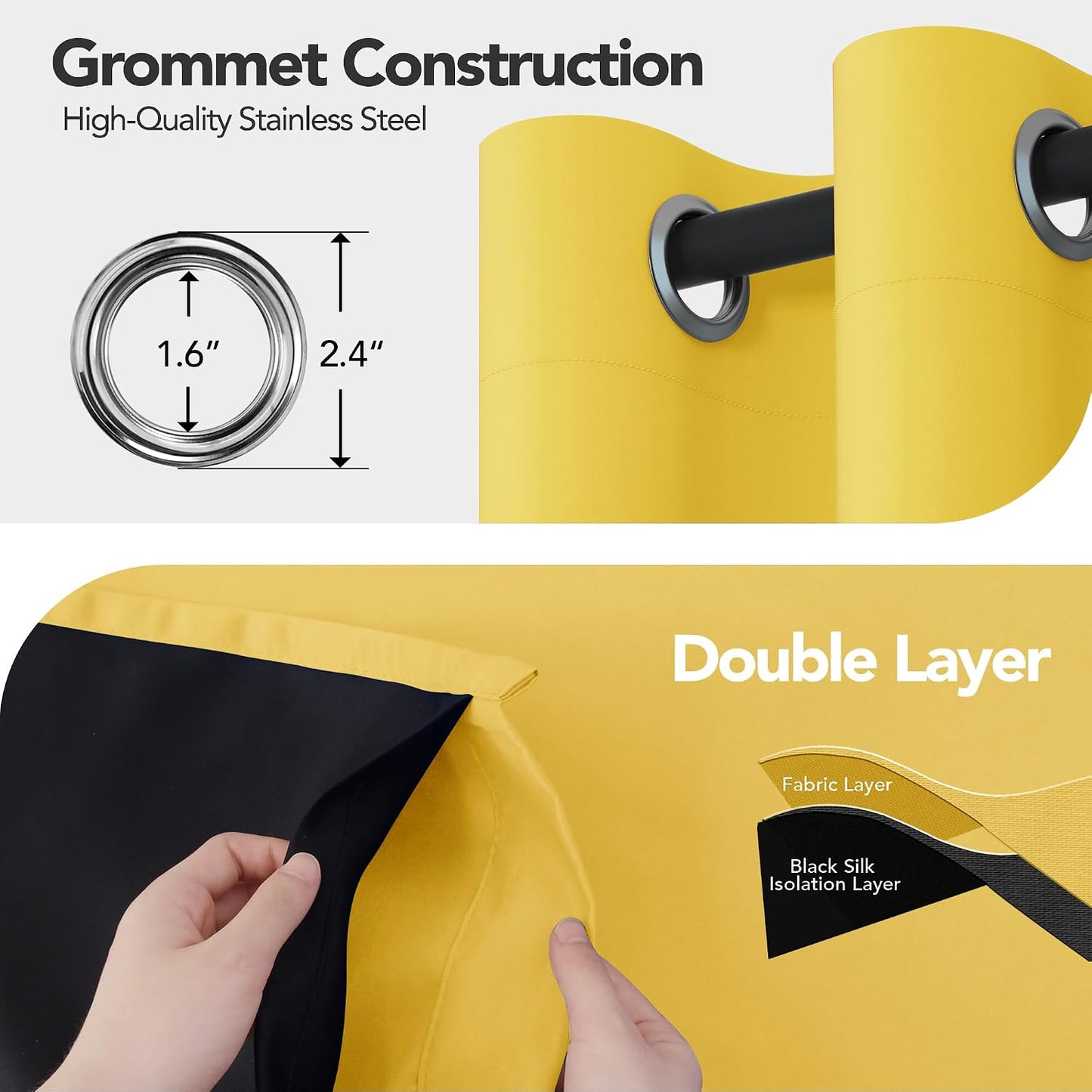 Deconovo 100% Blackout Curtains, Thermal Insulated Window Drapes, Noise Reducing Panels, Black Liner Grommet Drapes, Bedroom Nursery Home Office, Yellow, 52W x 84L, 2 Panels