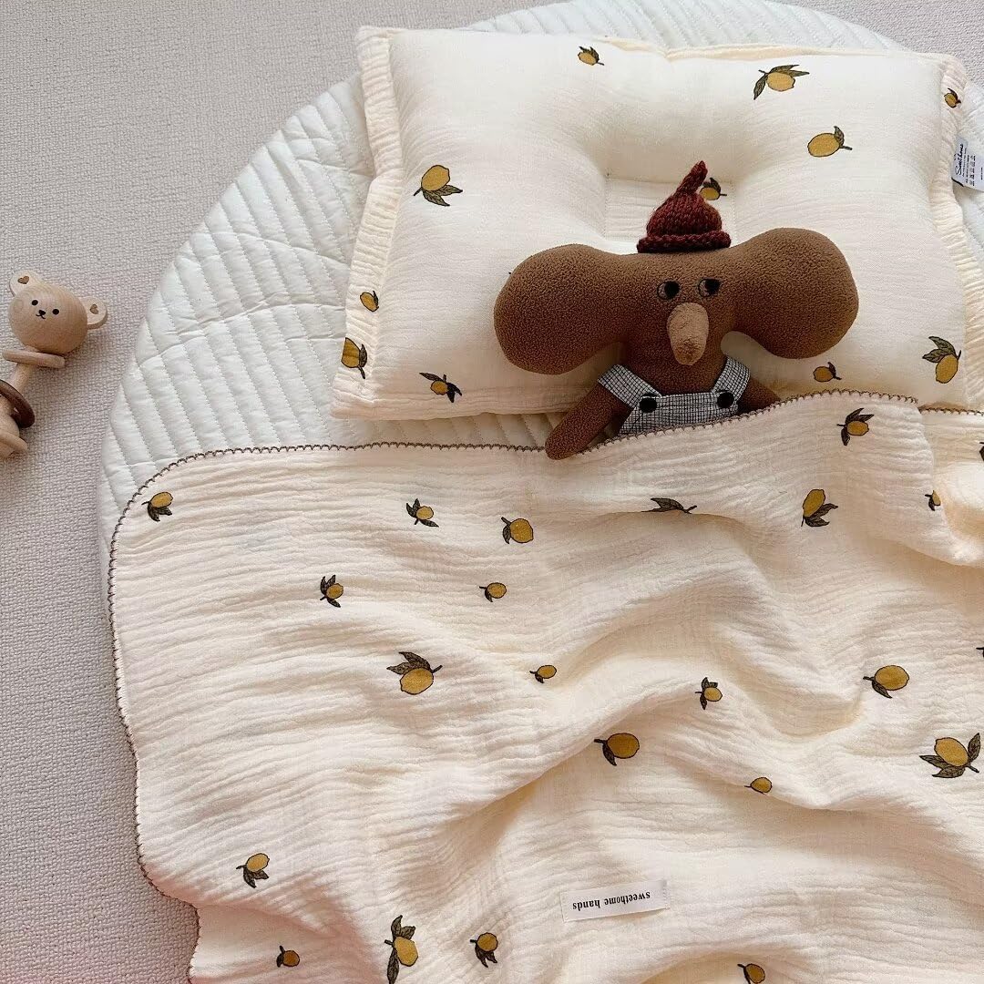 MKXI Swaddling Blankets Nursery Blankets 100% Cotton Lovely Lemon Print Girls Soft Thin Quilt Fruits Toddler Blanket Muslin Baby Quilts Lightweight Breathable