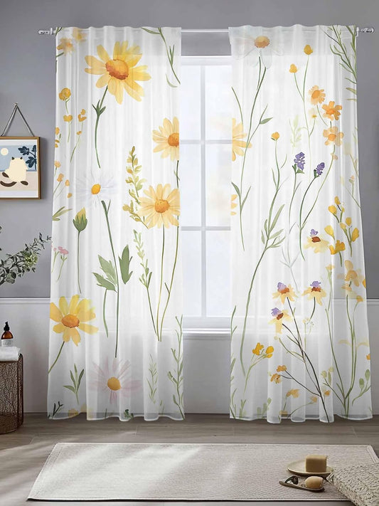 Yellow Daisy Floral Sheer Curtains for Living Room Bedroom Spring Rustic Botanical Flowers Sheer Curtains 84 Inch Long 2 Panels Set Light Filtering Curtain Window Treatments Drapes for Dining Room
