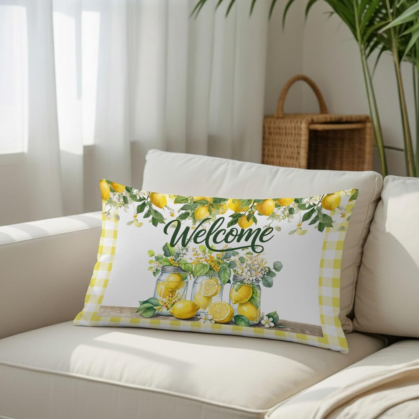 Welcome Words Farm Lemons Throw Pillow Cover,Decorative Pillowcase with Hidden Zipper Yellow Check Breathable Lumbar Pillow Cushion Case for Couch Sofa Bed Home,12"x20"