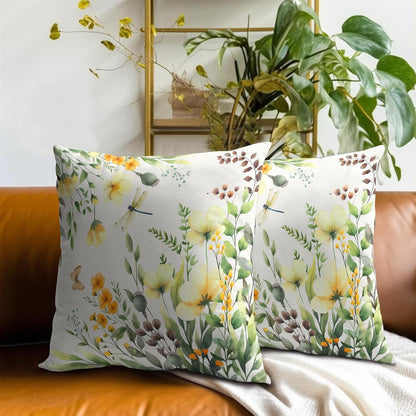 Spring Sage Green Leaf and Flowers Pillowcase Set of 2 Yellow Floral Decor Throw Pillows 16x16 Inch Spring/Summer Eucalyptus Square Pillow Cushion Covers for Home Living Room Bed Sofa Outdoor Couch