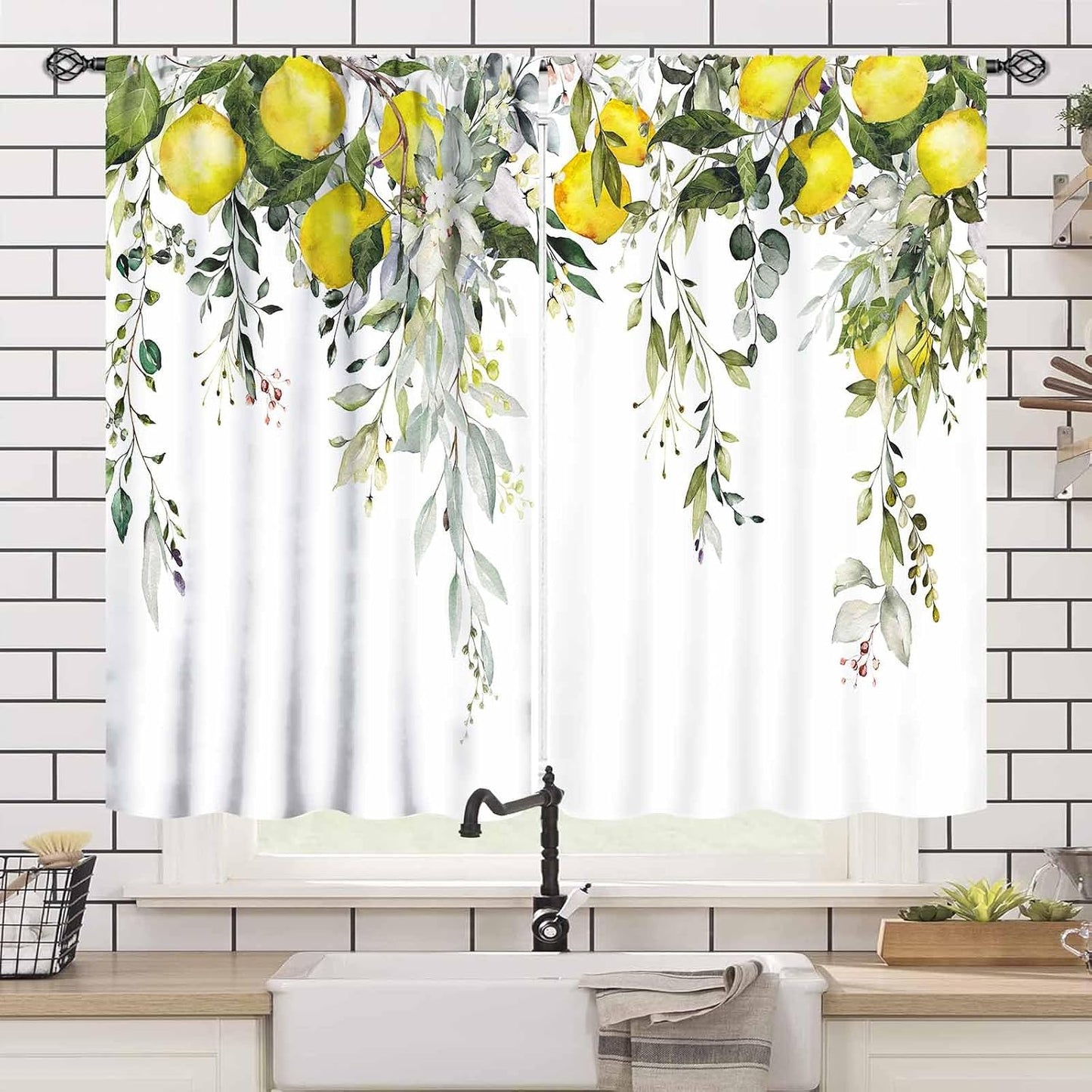 Yellow Lemon Kitchen Window Curtains,Eucalyptus Botanical Leaves Herb Plant Floral Fruit Rural Farmhouse Spring Summer Bedroom Living Room Bathroom 2 Panels,55X39 Inch