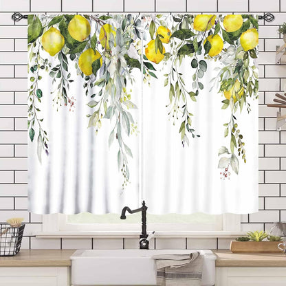 Yellow Lemon Kitchen Window Curtains,Eucalyptus Botanical Leaves Herb Plant Floral Fruit Rural Farmhouse Spring Summer Bedroom Living Room Bathroom 2 Panels,55X39 Inch