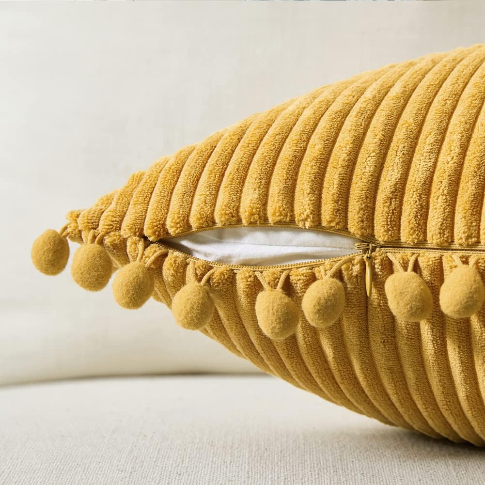 Fancy Homi Pack of 2 Mustard Yellow Fall Decorative Throw Pillow Covers 18x18 Inch with Pom-poms for Living Room Couch Bedroom, Soft Corduroy Solid Square Cushion Case 45x45 cm, Boho Home Decor