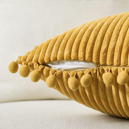 Fancy Homi Pack of 2 Mustard Yellow Fall Decorative Throw Pillow Covers 18x18 Inch with Pom-poms for Living Room Couch Bedroom, Soft Corduroy Solid Square Cushion Case 45x45 cm, Boho Home Decor