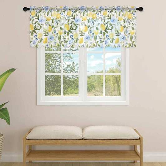Farmhouse Floral Sheer Curtain 18 Inch Long Lemon Eucalyptus Leaf Watercolor Plant Light Filtering Rod Pocket Voile Curtain Valance for Bedroom Kitchen Cafe Window 54" W x 18" L