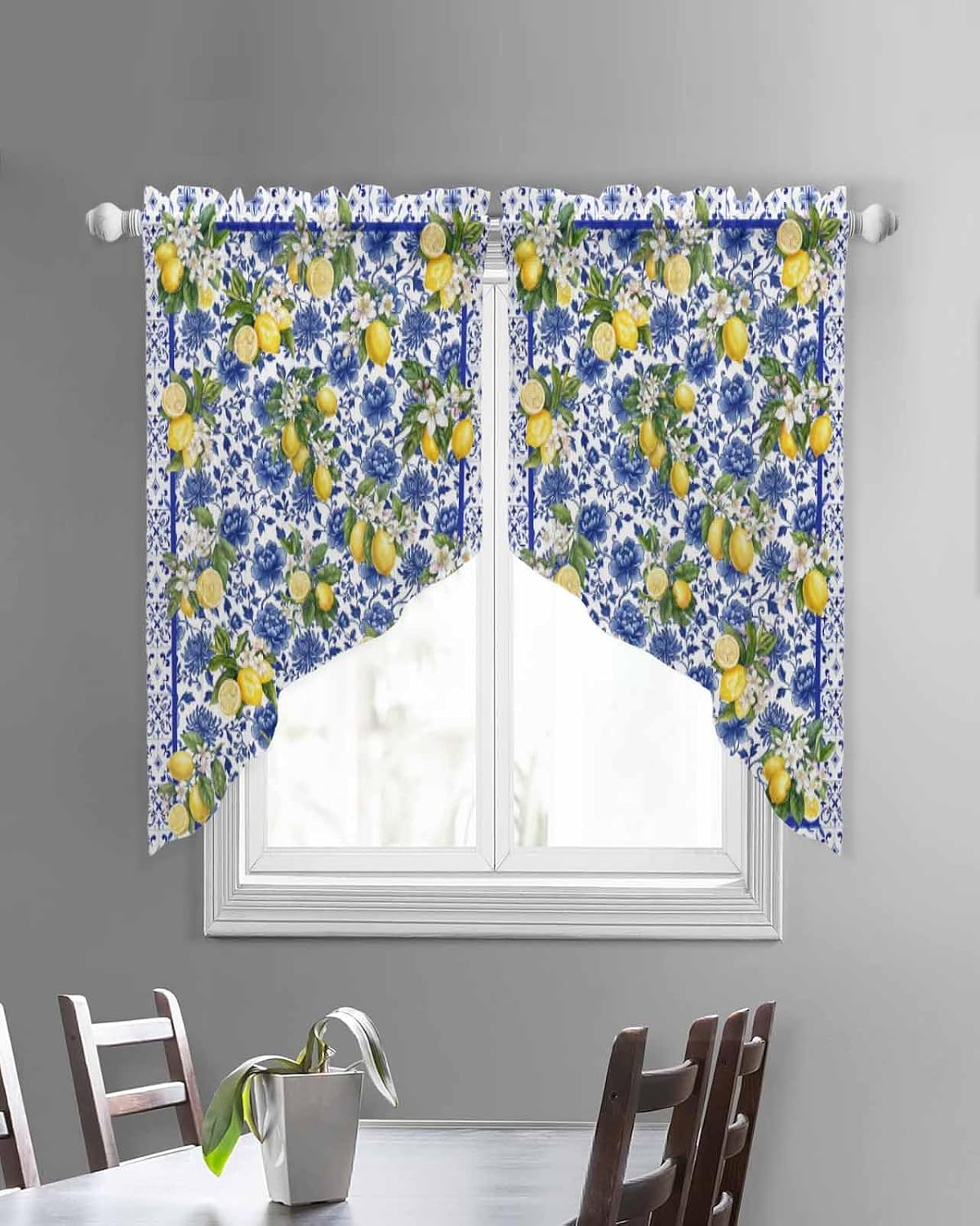 Summer Lemons Swag Curtains 36 Inch Length 2 Panels Set, Watercolor Yellow Fruits Blue Flowers Semi-Sheer Curtain Drapes Rod Pocket Valance For Kitchen,Living Room,Bedroom,Bathroom,Cafe 56"Wx36"L