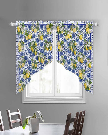 Summer Lemons Swag Curtains 36 Inch Length 2 Panels Set, Watercolor Yellow Fruits Blue Flowers Semi-Sheer Curtain Drapes Rod Pocket Valance For Kitchen,Living Room,Bedroom,Bathroom,Cafe 56"Wx36"L