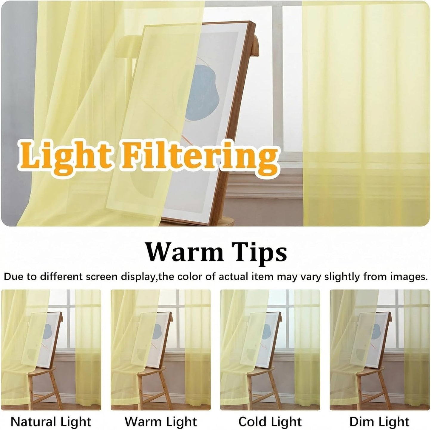 Gwine Light Yellow Sheer Curtains 84 Inches Long 2 Panels Set for Living Room, Rod Pocket Voile Bedroom Curtains, Light Filtering Solid Window Sheer Panels, Each 42Wx84L