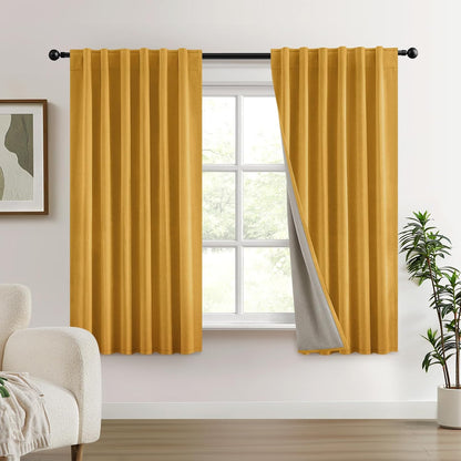 HOMEIDEAS 100% Chenille Blackout Curtains for Bedroom Yellow Curtains 63 Inch Length 2 Panels for Living Room Thermal Insulated Rod Pocket & Back Tabs Window Drapes, W52 x L63