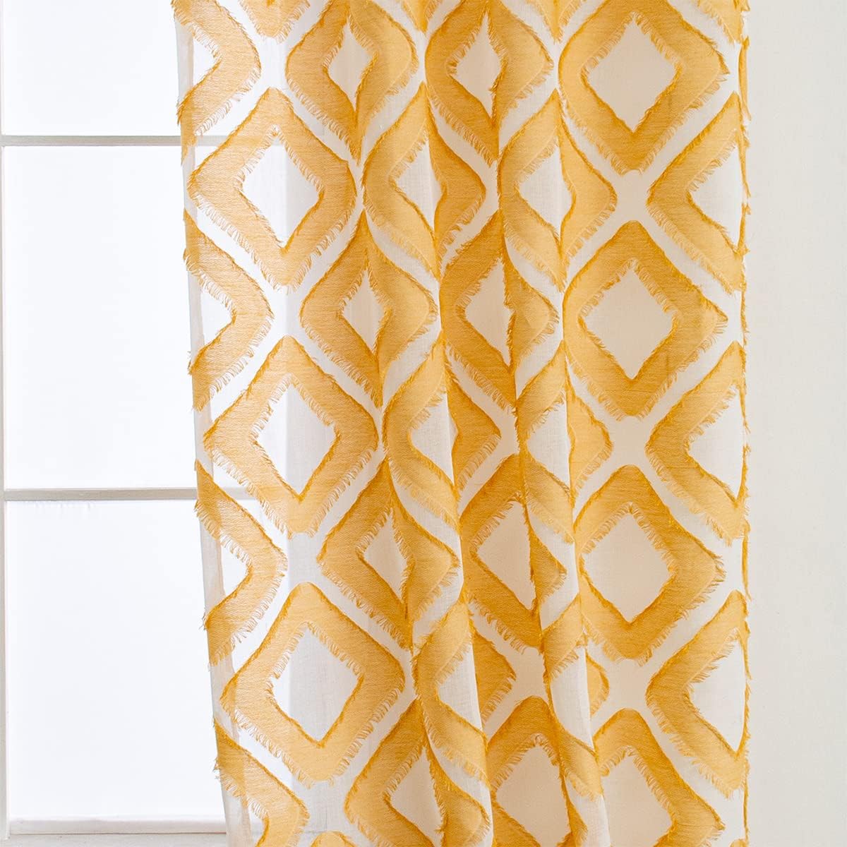 Linentalks Shaggy Yellow Sheer Curtains 63 Inches Long 2 Panels Set, Geometric Patterned Sheer Curtains for Living Room, Mustard Yellow Drapes Faux Linen Grommet Short Window Curtain Panels