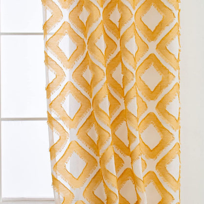 Linentalks Shaggy Yellow Sheer Curtains 63 Inches Long 2 Panels Set, Geometric Patterned Sheer Curtains for Living Room, Mustard Yellow Drapes Faux Linen Grommet Short Window Curtain Panels