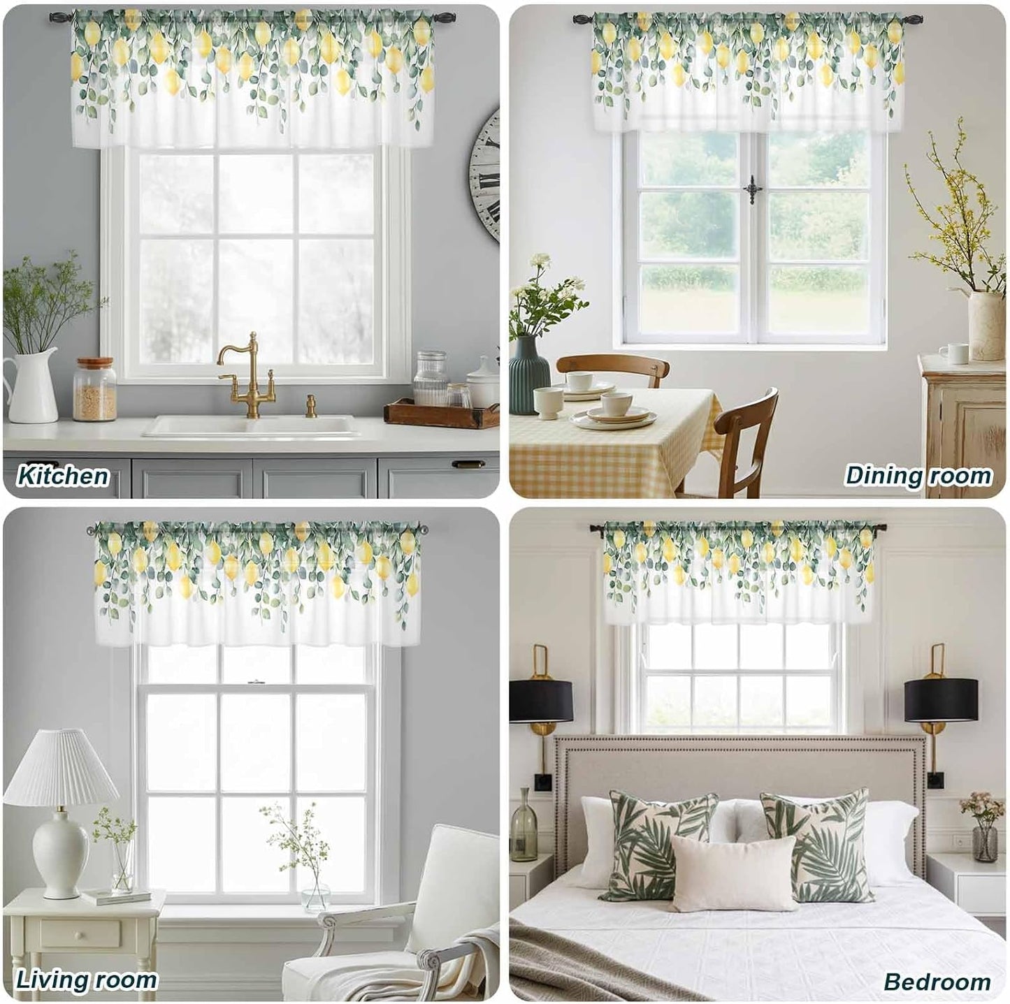 Country Sheer Curtain 18 Inch Long Yellow Lemon Fruit Farm Light Filtering Rod Pocket Voile Curtain Valance for Bedroom Kitchen Cafe Window 54" W x 18" L