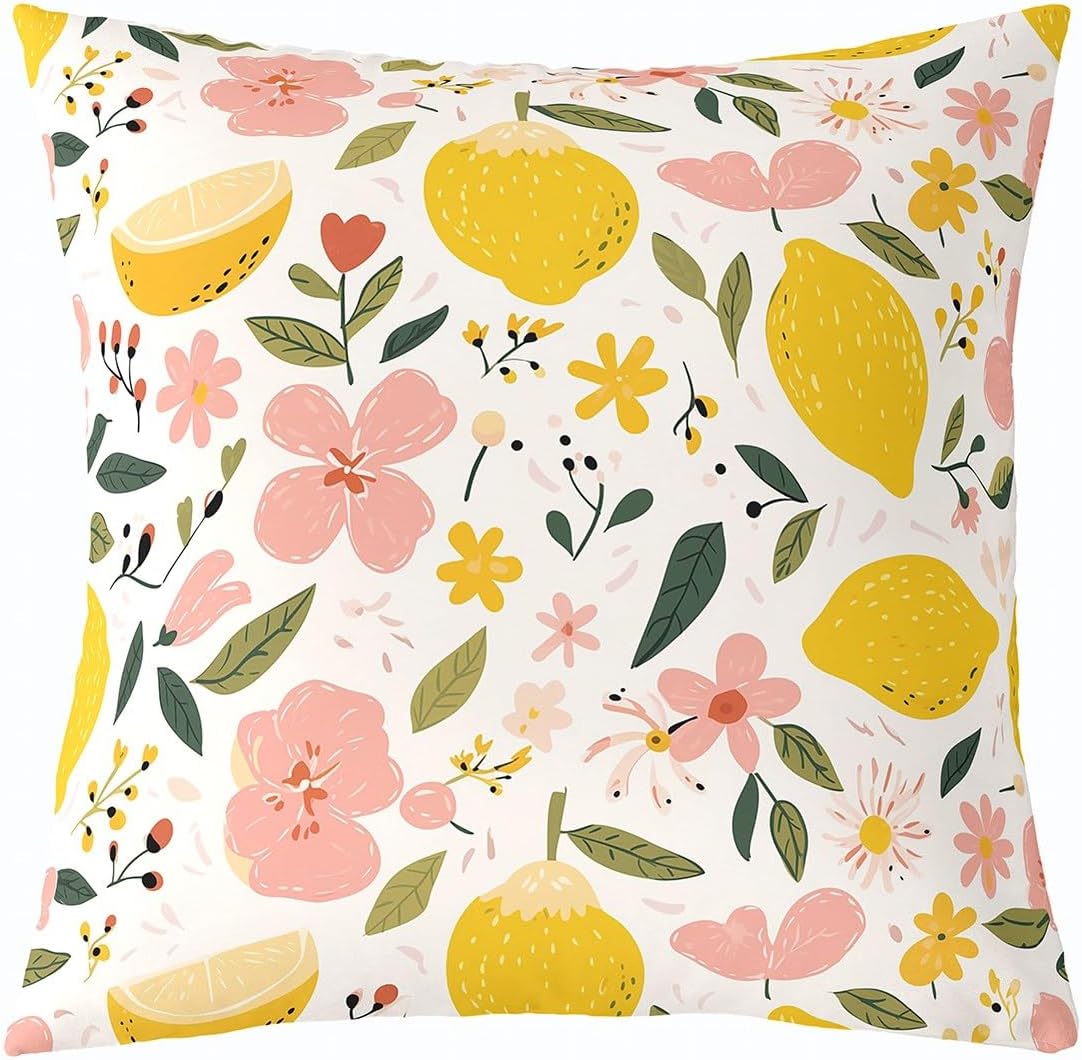 Erosebridal Lemon Pillow Cover 24x24,Summer Lemon Throw Pillow Cover for Sofa Bed Couch Tropical Fruit Cushion Cover Room Decoration Leaves Floral Decorative Pillow Cover Decor