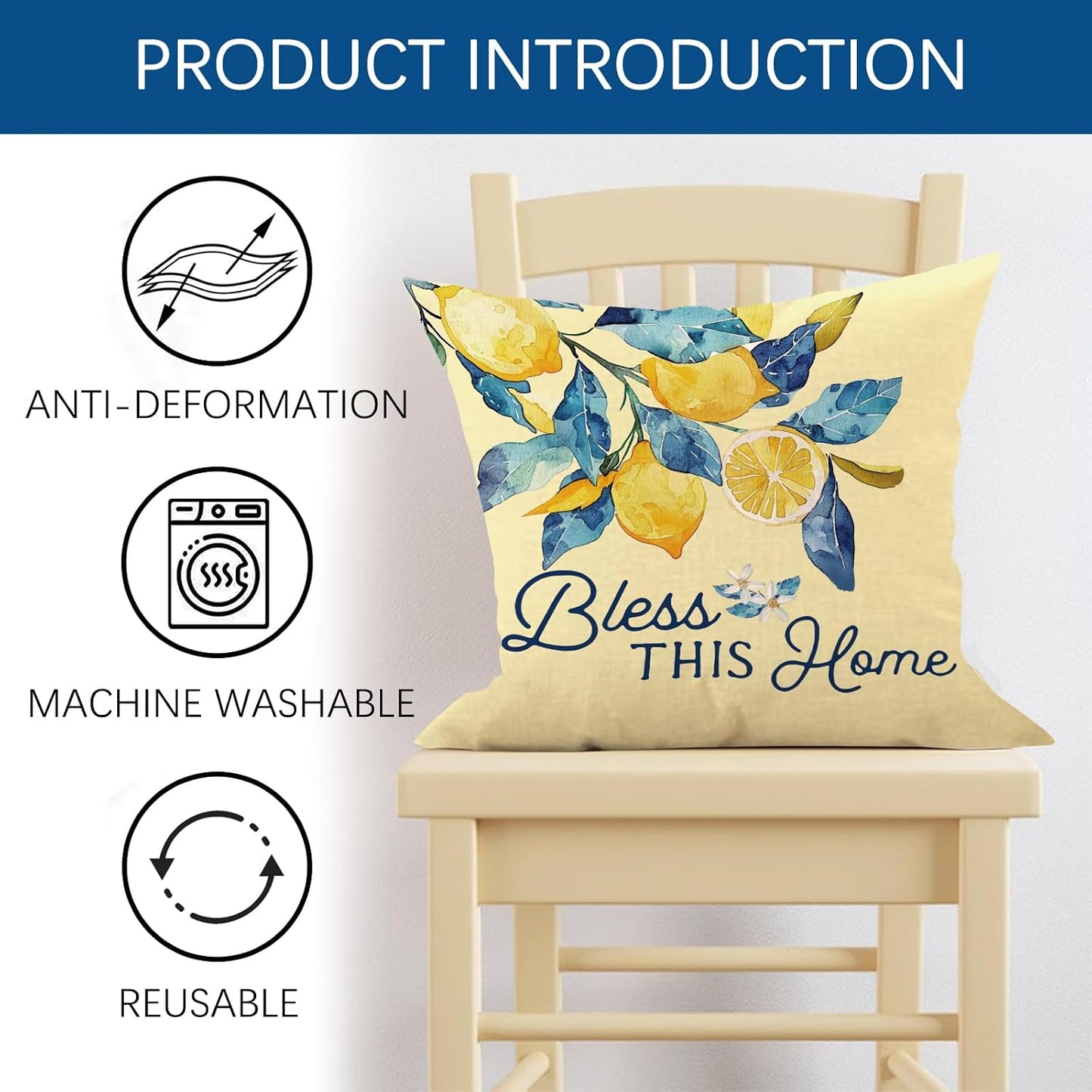 Lemon Decorative Throw Pillow Covers 18 x 18 Set of 4, Home Sweet Home Citrus Fruit Floral Botanical Family Porch Outdoor Decor, Spring Summer Bless This Home Farmhouse Sofa Couch Cushion Case
