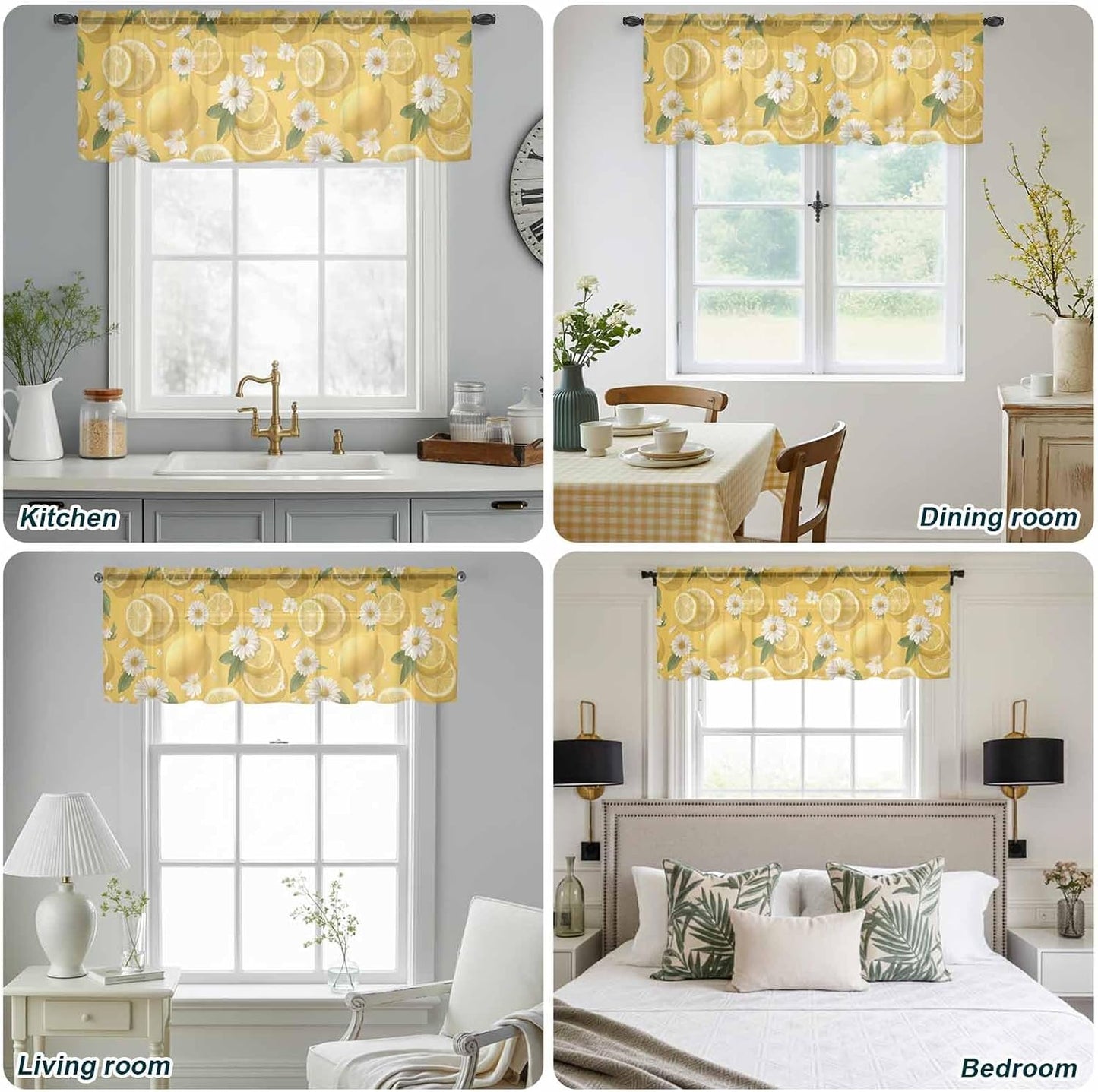 Yellow Lemon Summer Sheer Curtain 18 Inch Long White Daisy Farmhouse Flowers Country Fruit Light Filtering Rod Pocket Voile Curtain Valance for Bedroom Kitchen Cafe Window 54" W x 18" L