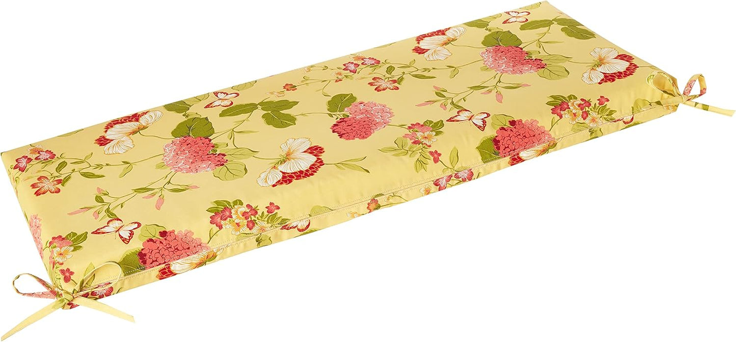 Pillow Perfect Bright Floral Indoor/Outdoor Bench Cushion With Ties, 1 Count, 18" x 45", Gold Risa Lemonade