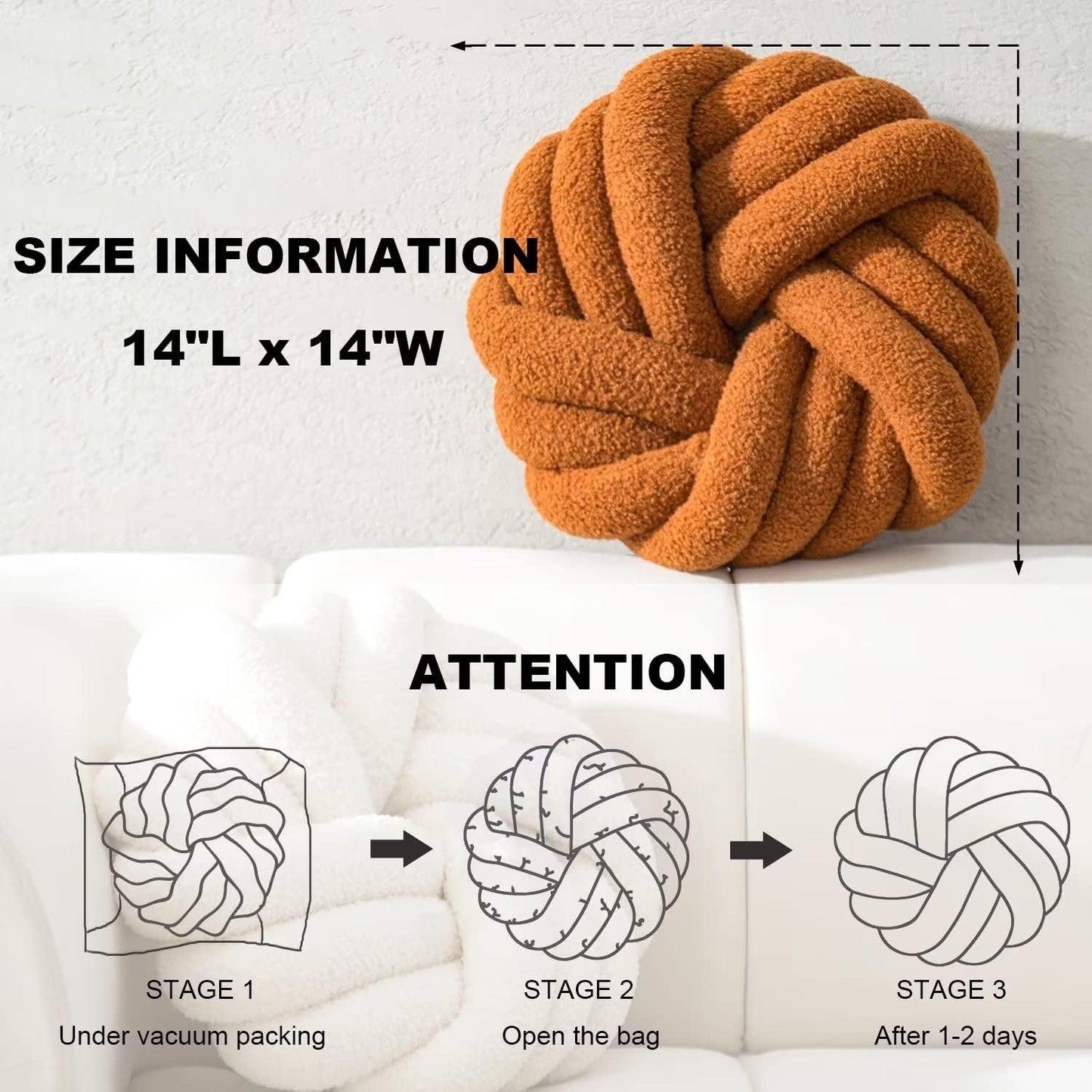 XIAIJIA Yellow Round Knot Pillow 14'' Round Throw Pillow, Soft Plush Knot Round Pillows Decorative, Modern Home Decorative Cushion for Bed, Bedroom, Sofa, Couch, Teen Room