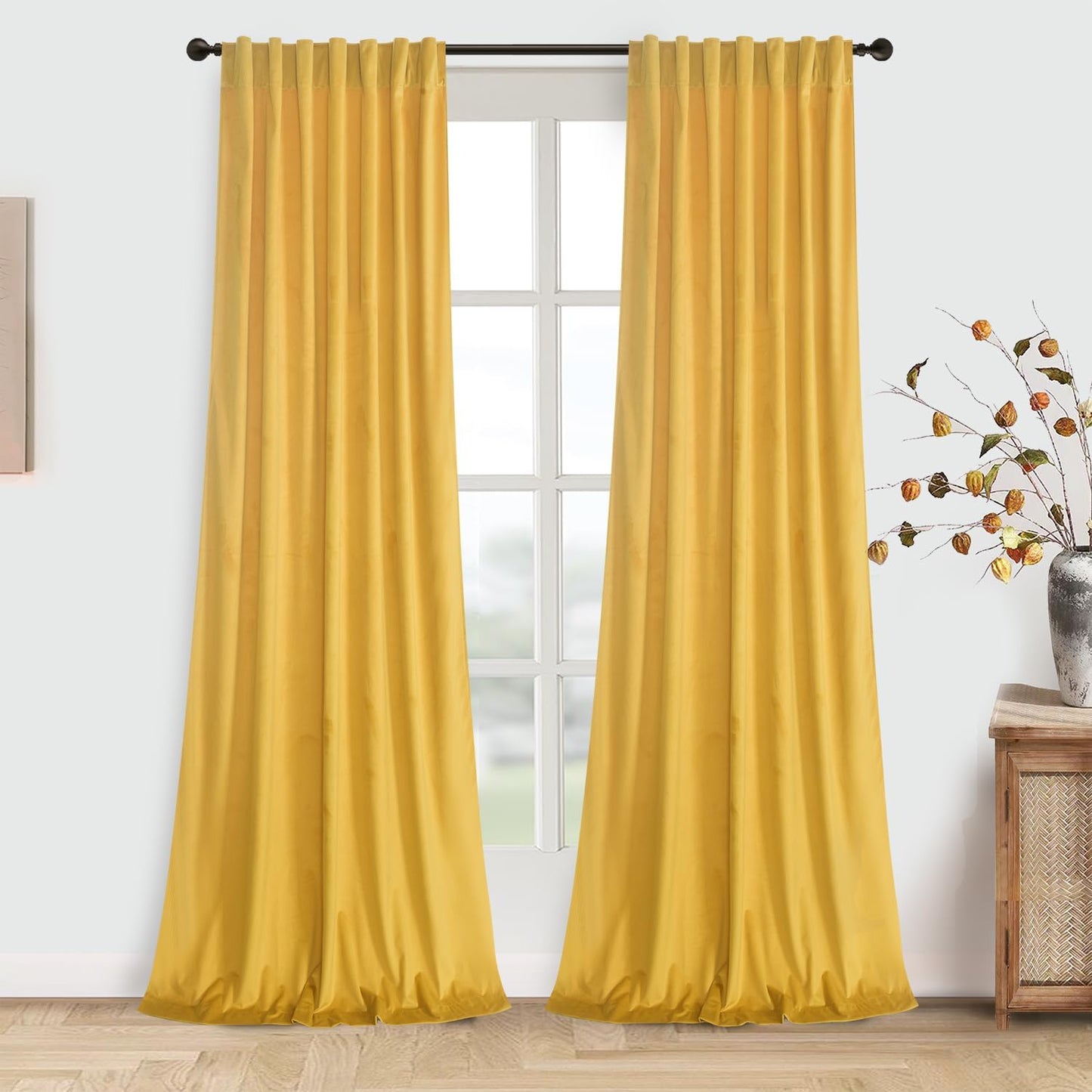 Roslynwood Luxury Soft Warm Yellow Velvet Curtains 84 inches Long Back Tab Thermal Insulated Blackout Window Drapes for Living Room/Bedroom/Dining Room, W52 x L84, 2 Panels