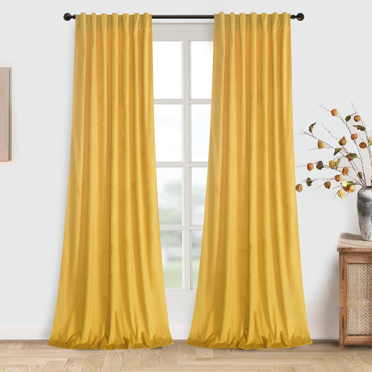 Roslynwood Luxury Soft Warm Yellow Velvet Curtains 84 inches Long Back Tab Thermal Insulated Blackout Window Drapes for Living Room/Bedroom/Dining Room, W52 x L84, 2 Panels