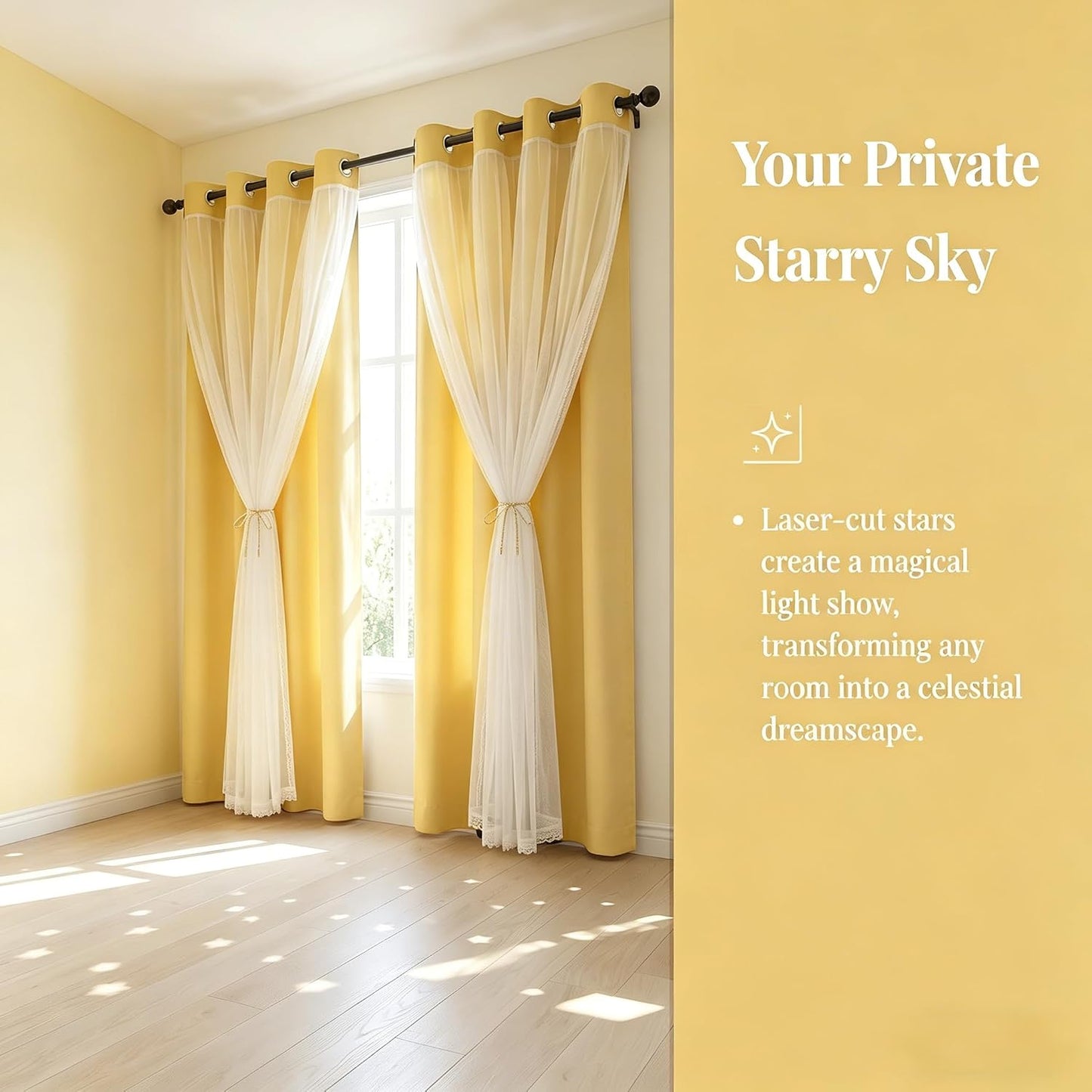 Decorative Star Cut-Out Blackout Curtains 2 Layer Blackout Kids Curtain for Girls Bedroom Noise Reducing Thermal Insulated Drape for Living Room/Classroom 42" W x 72" L Yellow 2 Panels