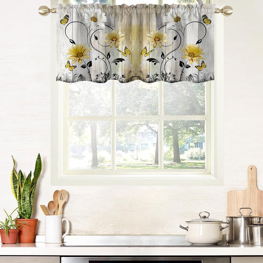 AAtter Yellow Floral Kitchen Valance Curtain for Window Vintage Rustic Flower Farmhouse Sunflower Small Short Home Living Room Bedroom Bathroom Rod Pocket Drape Fabric 1 Panel, 52" W x 18" L, Retro