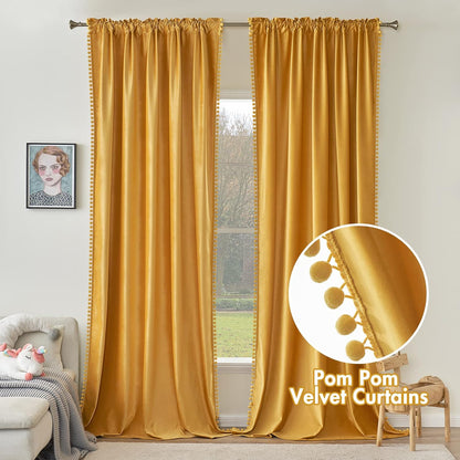 MIULEE Mustard Yellow Pom Pom Velvet Curtains for Fall Bedroom/Living Room Darkening Thermal Insulating 84 Inches Long Blackout Curtains with Rod Pocket for Bedroom/Home Theater Set of 2