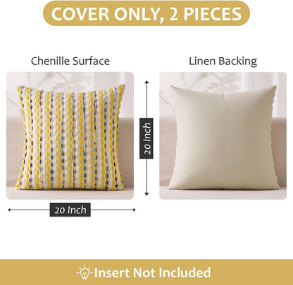 ANRODUO Boho Chenille Textured Tufted Pillow Covers 20x20 Inch Set of 2 Woven Decorative Throw Pillow Covers with Raised Stripes Accent Neutral Pillowcase for Couch Sofa Bed Living Room, Yellow Cream