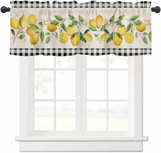 Valances for Window Semi Sheer Valance Light Filtering Small Window Curtains Art Farm Summer Yellow Lemon Black White Plaid Curtain for Living Room Bathroom 60"x18"