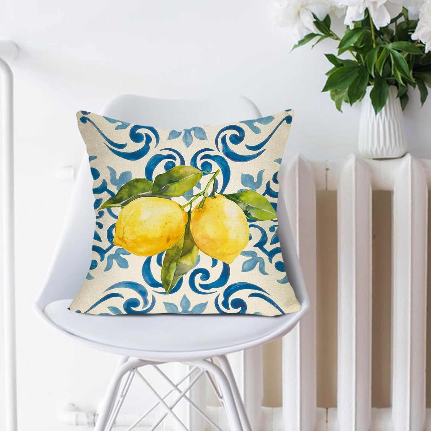 Lemon Italy Tile Pattern Decorative Throw Pillow Cover 20 x 20, Blue Italian Amalfi Coast Citrus Porch Outdoor Home Decor, Spring Summer Mediterranean Sofa Couch Cushion Case