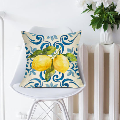 Lemon Italy Tile Pattern Decorative Throw Pillow Cover 20 x 20, Blue Italian Amalfi Coast Citrus Porch Outdoor Home Decor, Spring Summer Mediterranean Sofa Couch Cushion Case