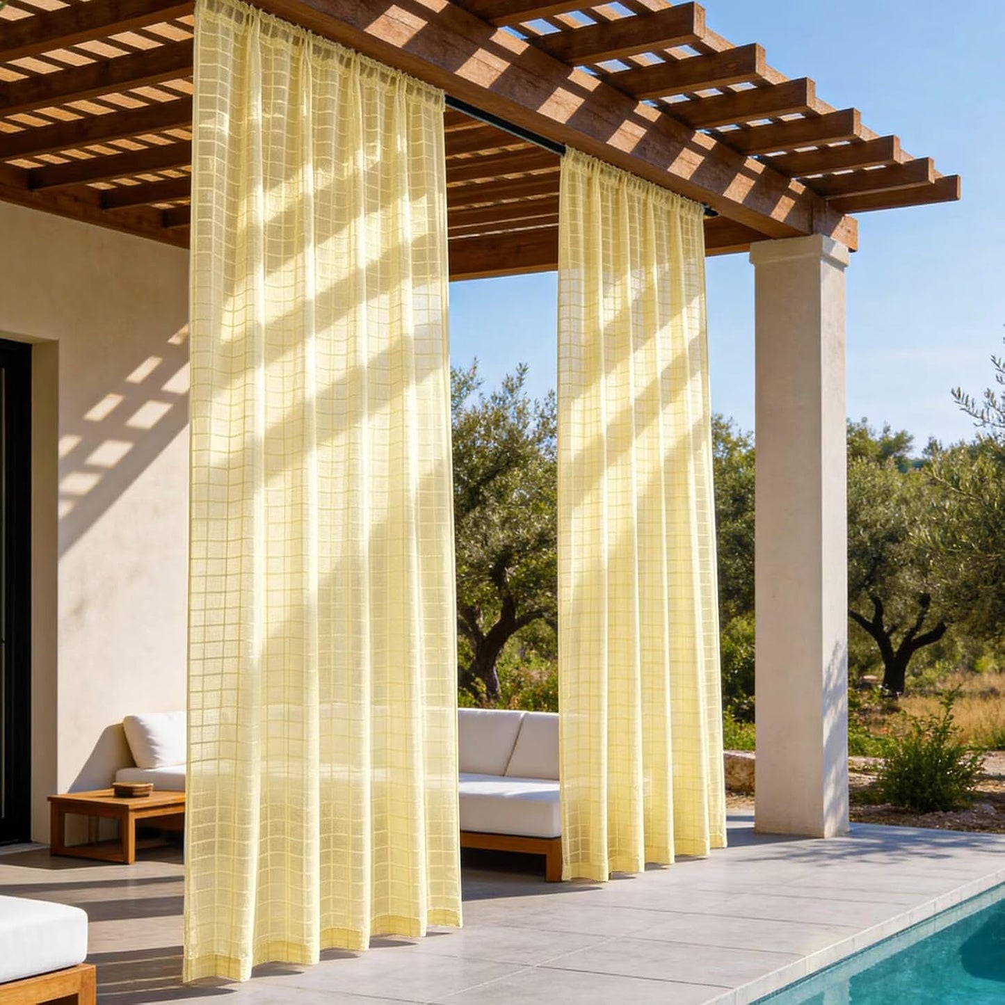 2 Panels Outdoor Sheer Curtains for Patio, Jacquard Check Curtains for Patio Waterproof, Indoor Outdoor Drapes for Gazebo Pergola Balcony Pool Spa (Yellow, 52 x 84 inch)