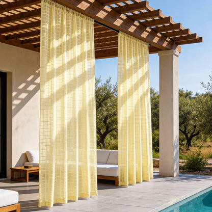 2 Panels Outdoor Sheer Curtains for Patio, Jacquard Check Curtains for Patio Waterproof, Indoor Outdoor Drapes for Gazebo Pergola Balcony Pool Spa (Yellow, 52 x 84 inch)