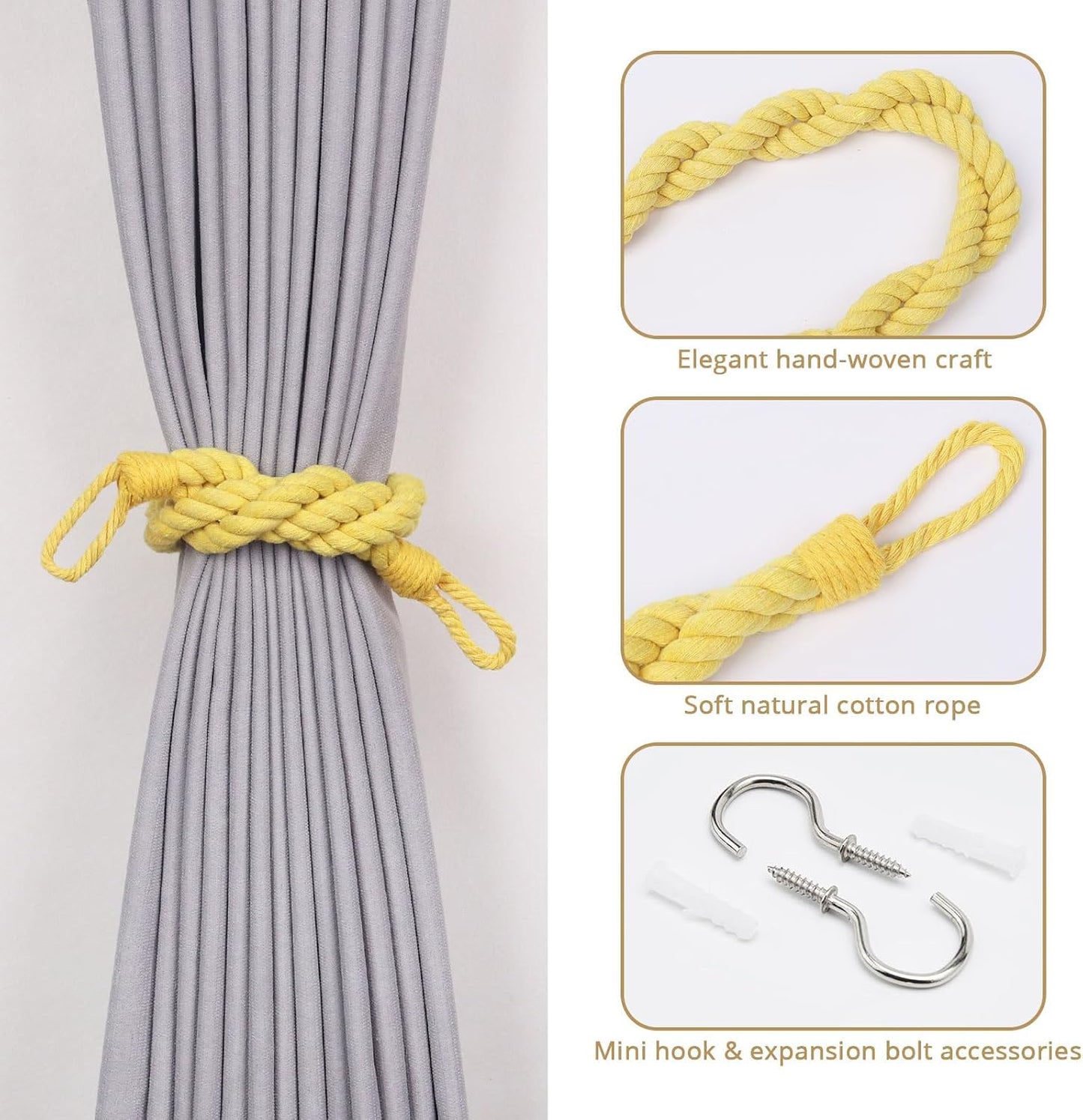 NICEEC 2 Pack Natural Cotton Rope Curtain Tiebacks Elegant Boho Style Decor Drape Tie Backs Soft Hand-Woven Double Rope Curtain Holdbacks with Metal Hook for Home & Office Drapery (Yellow)