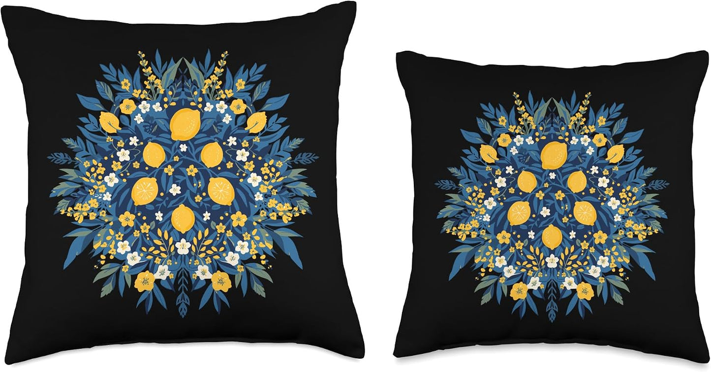 Summer Lemon Bouquet Floral Citrus Botanical Throw Pillow