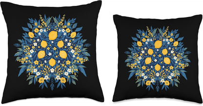 Summer Lemon Bouquet Floral Citrus Botanical Throw Pillow