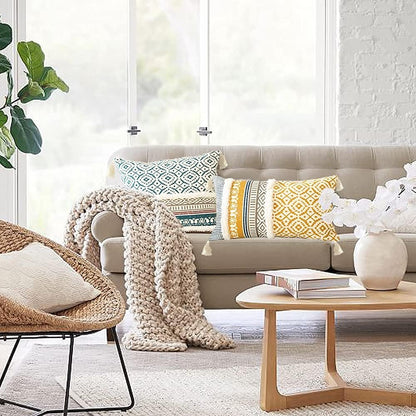 Lumber Boho Throw Pillow Cover for Couch Sofa - Cotton Hand-Woven Tufted Moroccan Decorative Pillowcase with Tassels for Farmhouse Living Room Bedroom Car Hotel - Yellow 12 x 20 Inches