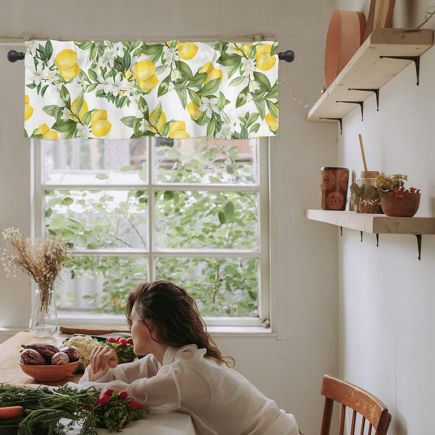 Summer Lemon Curtains for Bedroom Living Room Watercolor Plant Fruit Art Shades Curtains & Drapes Summer Rustic Fresh Flower Leaf Aesthetic Pocket Valances Kitchen Window Curtains Over Sink 54x18in