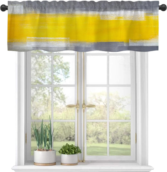 Yellow Gray Abstract Art Semi Sheer Window Valances - Short Rod Pocket Curtains, Light Filtering Decor for Kitchen, Living Room, Bedroom - 54"x18"