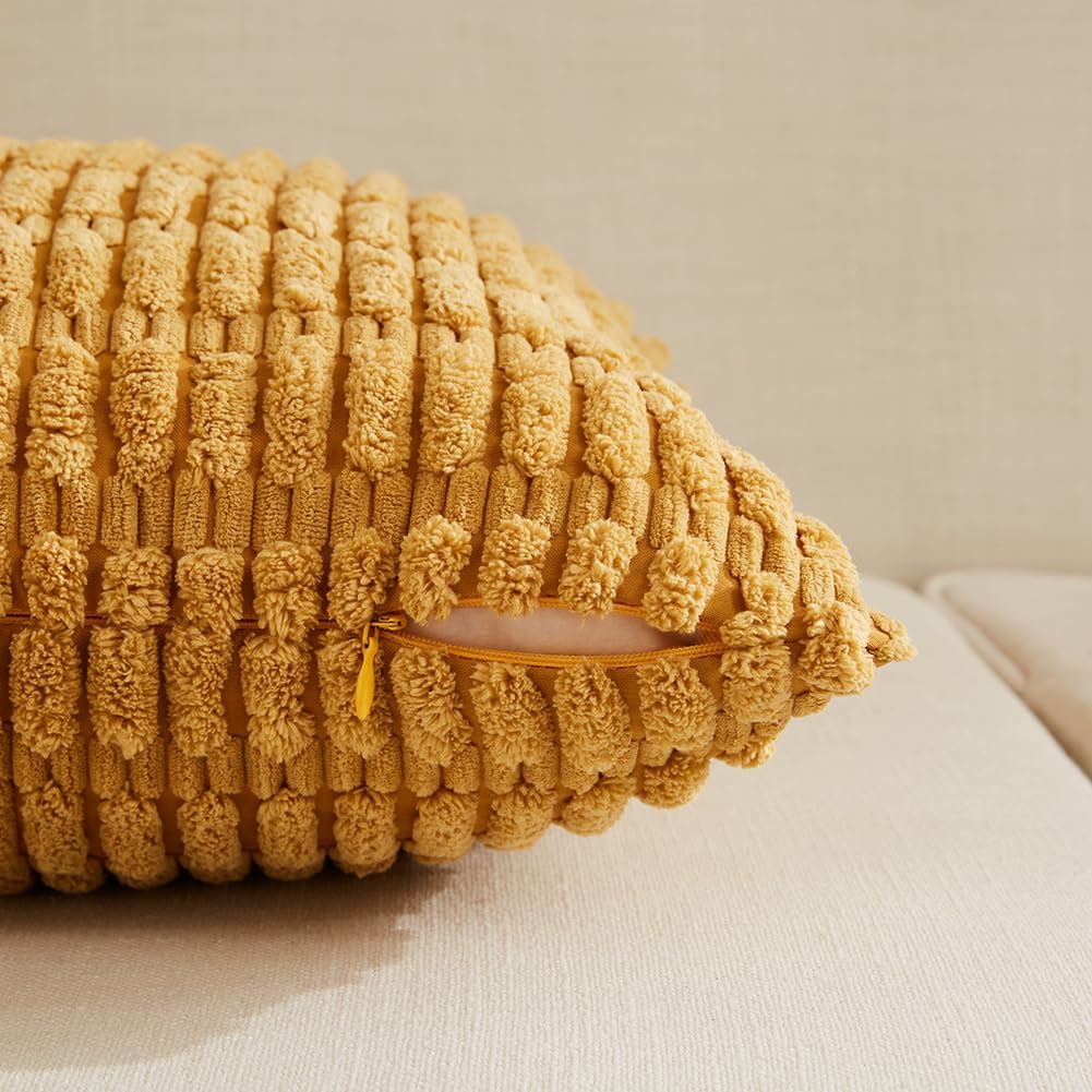 Fancy Homi 2 Packs Mustard Yellow Decorative Throw Pillow Covers 18x18 Inch for Living Room Couch Bed Sofa, Soft Striped Corduroy Square Cushion Case 45x45 cm, Rustic Farmhouse Boho Home Decor