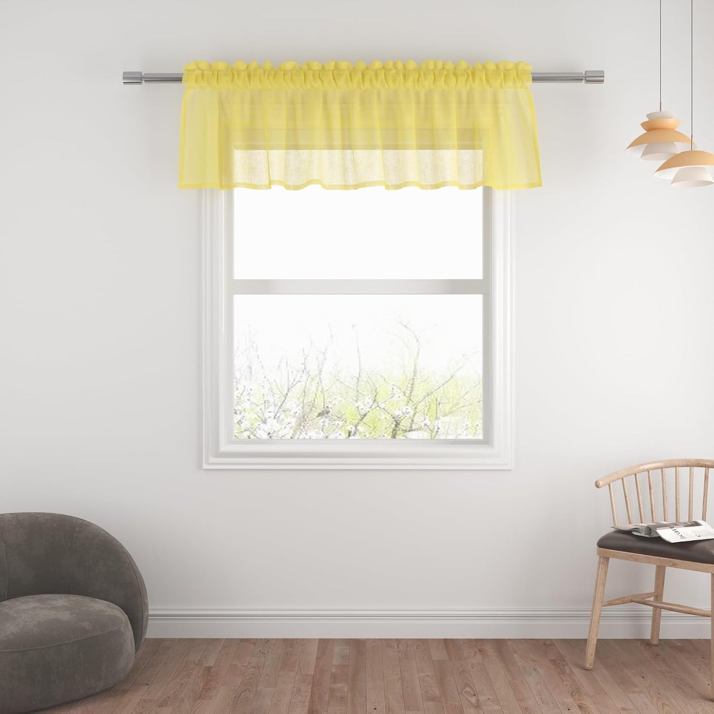 Yellow Sheer Valance 16 inches Long Curtain Toppers Living Room Bedroom Kitchen over Sink Voile Transparent Linen Textured Valence Curtain Small Short Mini Door Window Treatment 1 Panel Rod Pocket