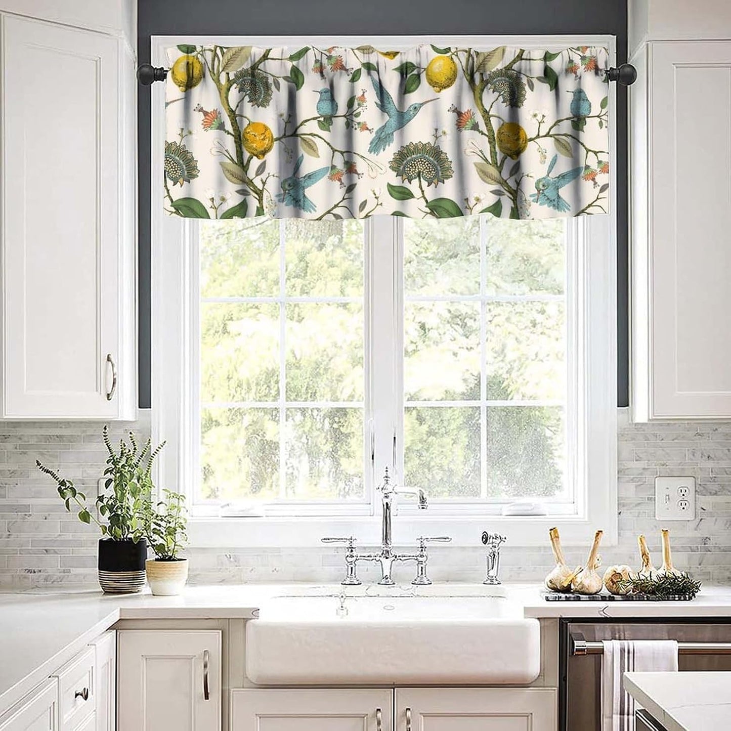 Retro Lemon Kitchen Valance, Summer Blue Birds Lemon Tree Nature Botanical Plants Flowers Hummingbird Spring Print Short Blackout Window Curtain for Cafe Restaurant, 54x18inch
