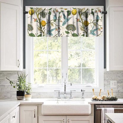 Retro Lemon Kitchen Valance, Summer Blue Birds Lemon Tree Nature Botanical Plants Flowers Hummingbird Spring Print Short Blackout Window Curtain for Cafe Restaurant, 54x18inch