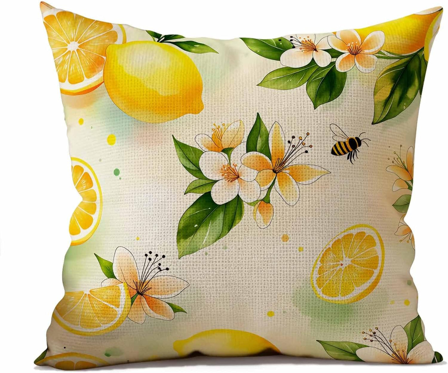 Fresh Lemon and Flower Linen Throw Pillow Covers 18x18 Inches Vibrant Fruit Blossom Decorative Cushion for Summer and Fresh Aesthetic Fans, Living Room and Bedroom