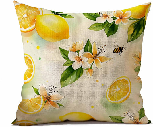 Fresh Lemon and Flower Linen Throw Pillow Covers 18x18 Inches Vibrant Fruit Blossom Decorative Cushion for Summer and Fresh Aesthetic Fans, Living Room and Bedroom